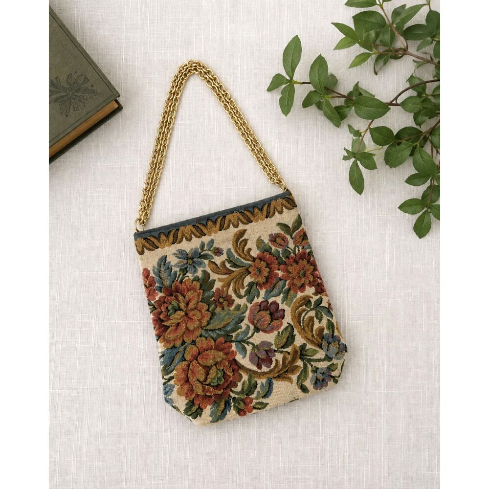 Vintage Italian Tapestry Shoulder Bag Gold Chain Strap Floral Carpet Style Purse
